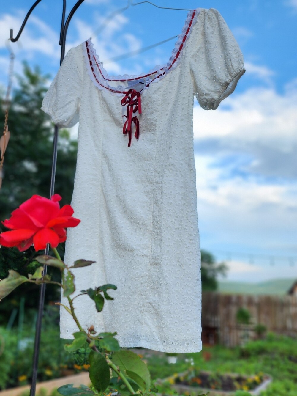 White Eyelet Lace-Up Mini Dress with Burgundy Trim